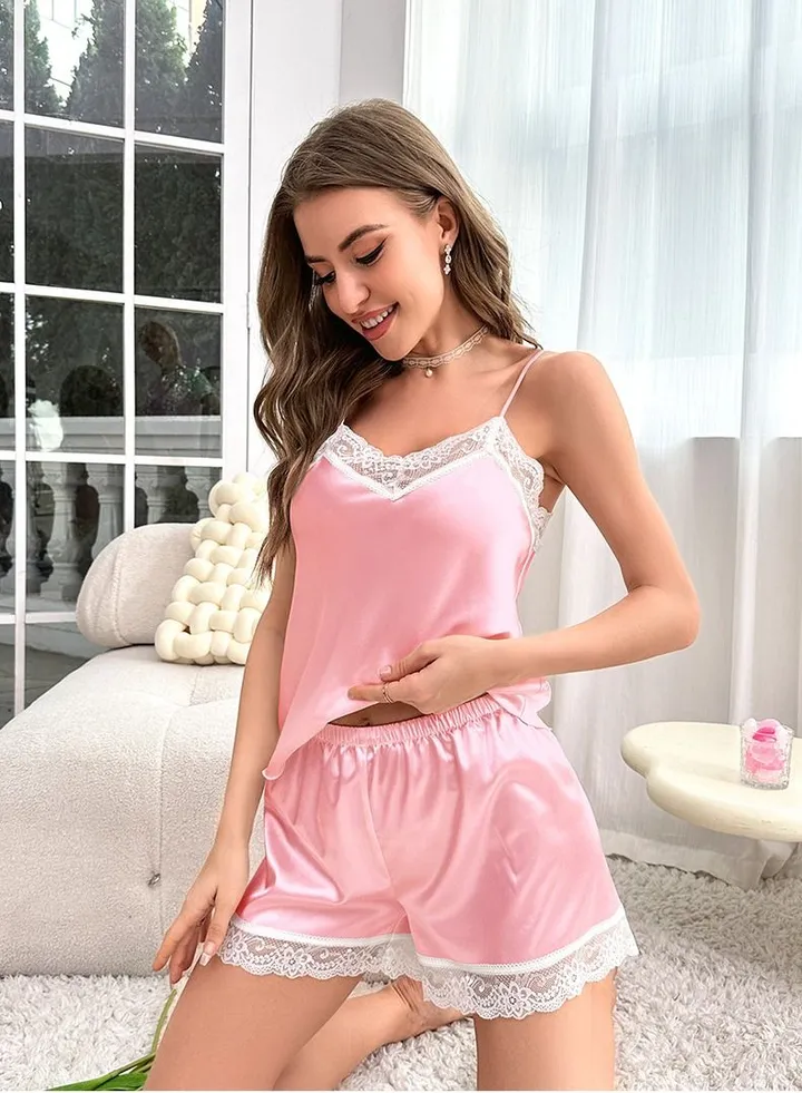 Women's Lace Stitching 2-Piece Set Nightgown Sleepwear Camisole Top And Shorts Soft Loungewear Pajamas Suit Pink/White