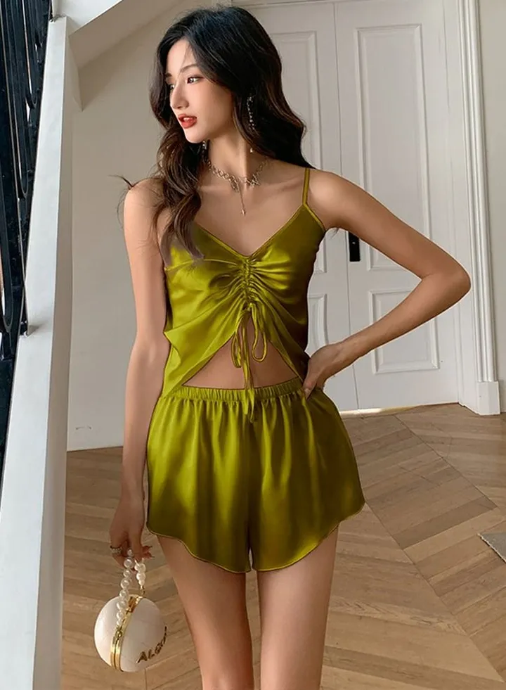 Women's Solid Color 2-Piece Set Nightgown Sleepwear Camisole Top And Shorts Soft Loungewear Pajamas Suit Galois Green