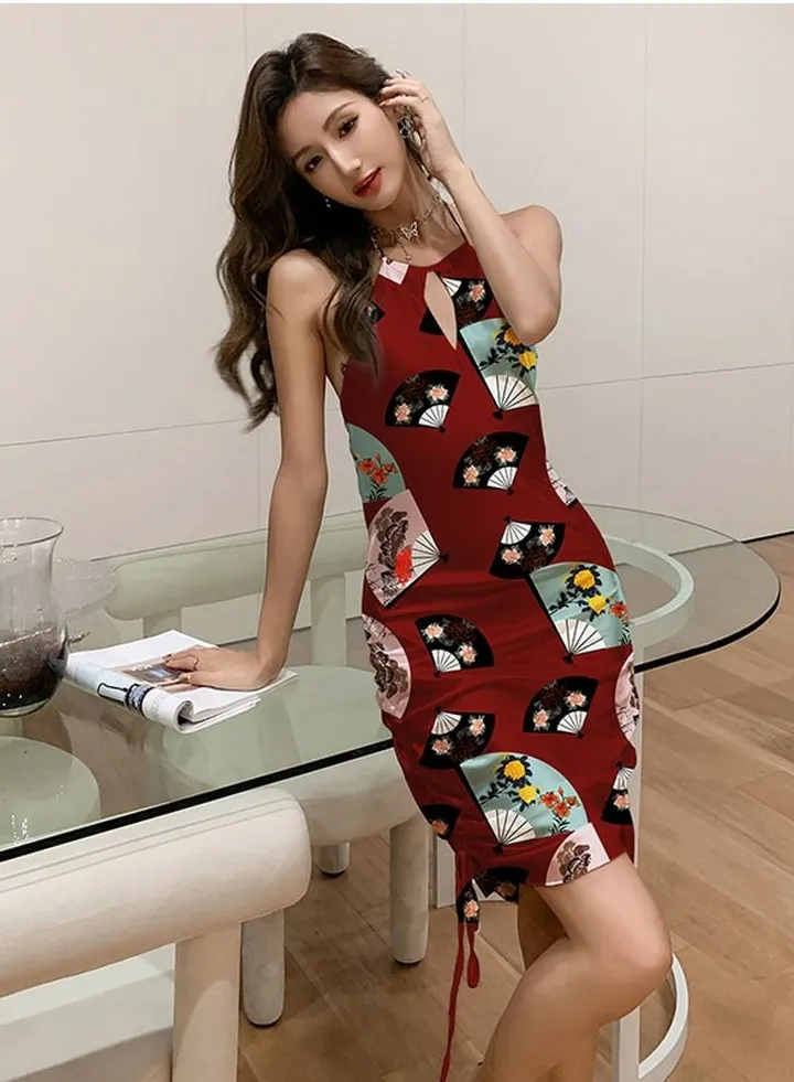 Women's Elegant Printed Nightgown Halter Neck Mini Dress Soft Loungewear Sleepwear Dress