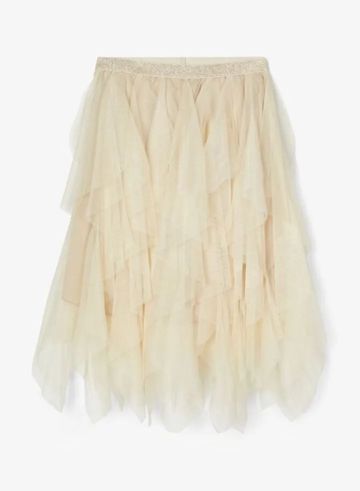 Shiny Elastic Waistband Flared Midi Skirts Beige