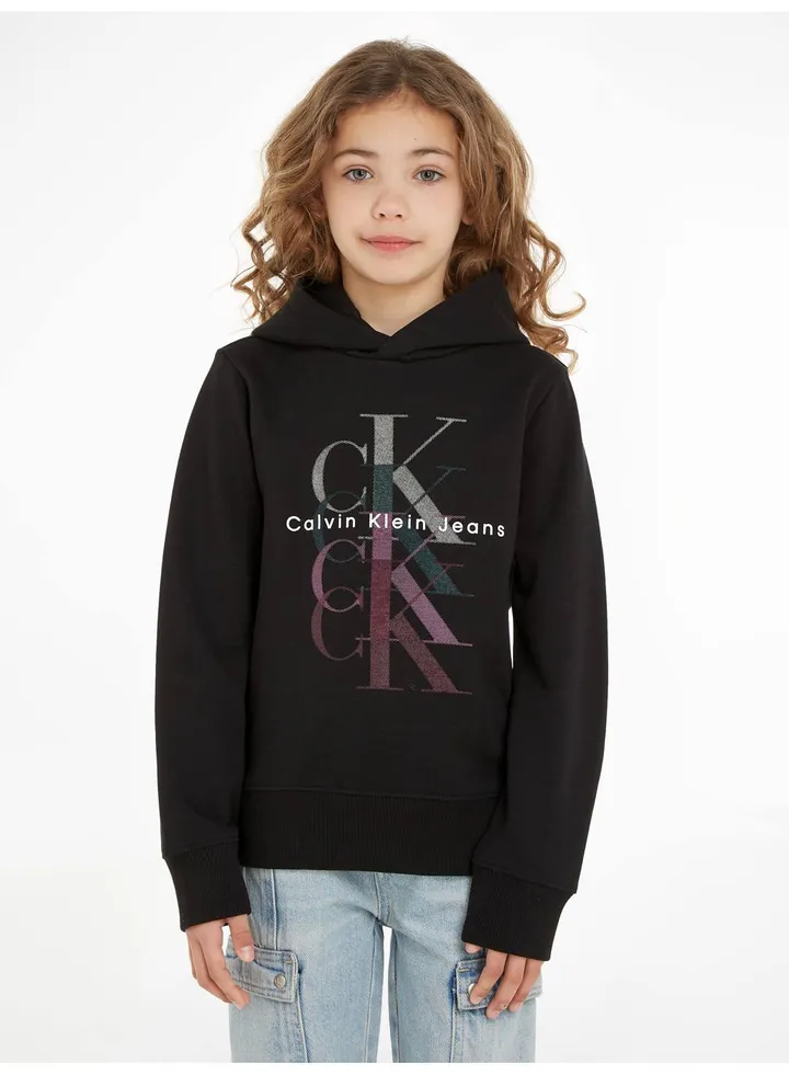 Girls' Boxy Fleece Logo Hoodie, Cotton, Black