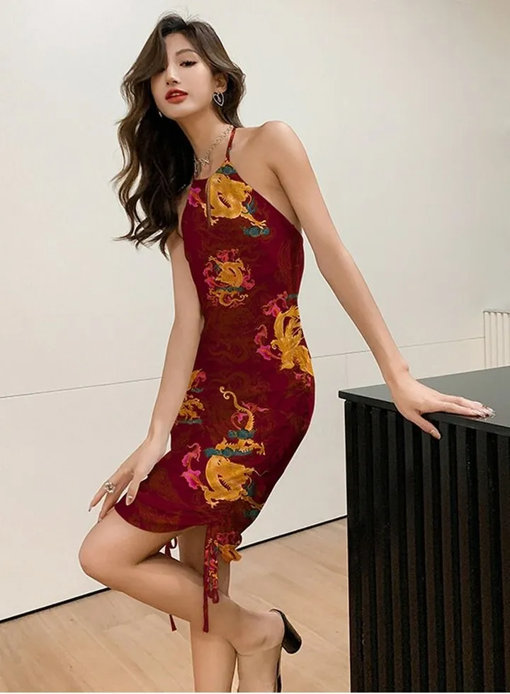 Women's Elegant Printed Nightgown Halter Neck Mini Dress Soft Loungewear Sleepwear Dress