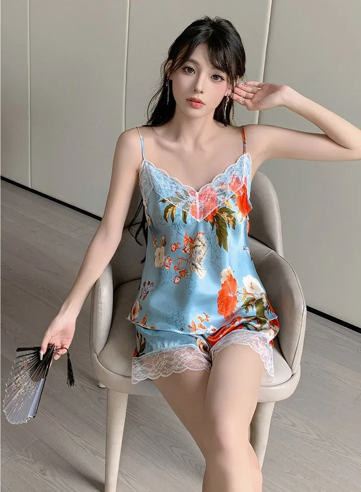 Women's Lace Stitching 2-Piece Set Nightgown Printed Camisole Tops And Shorts Soft Lingerie Sleepwear Suit