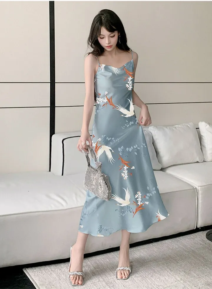 Women's Elegant Printed Nightgown Cowl Neck Slip Dress Soft Loungewear Midi Sleepwear Dress With Adjustable Strap