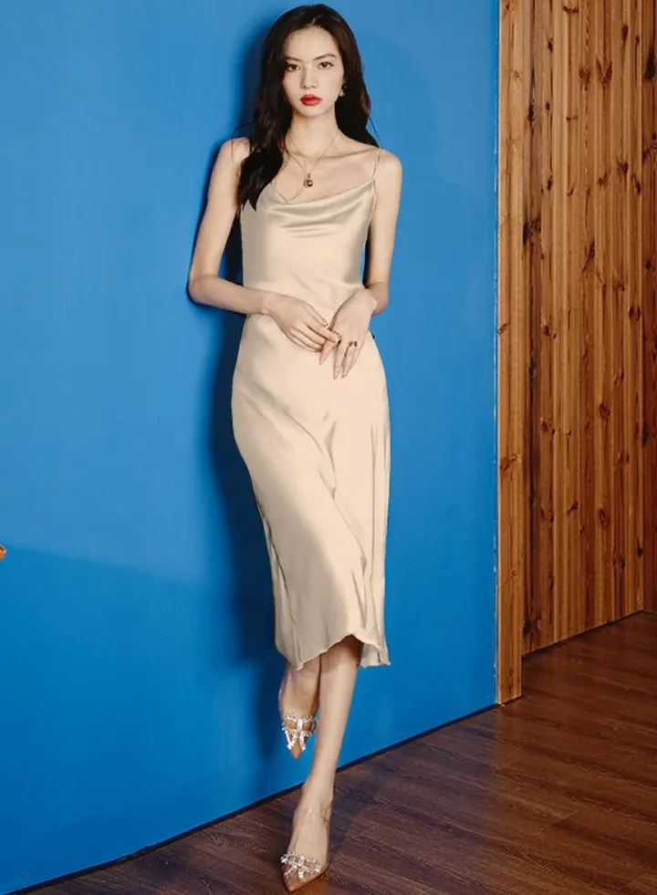 Women's Elegant Solid Color Nightgown Slip Cowl Neck Midi Dress Soft Loungewear Sleepwear Dress Khaki