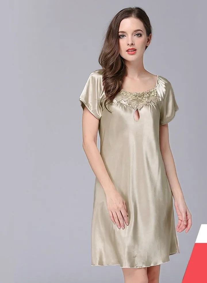 Women's Solid Color Jacquard Hollow Out Nightgown Short Sleeve Nightdress Soft Lingerie Sleepwear Camel