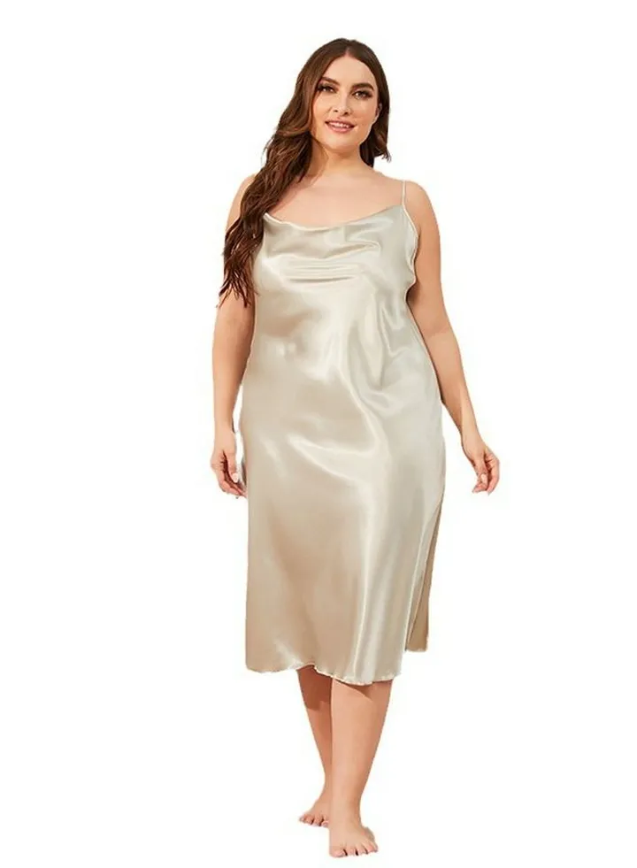 Women's Comfortable Solid Color Nightgown Cowl Neck Slip Dress Soft Lingerie Midi Sleepwear With Strap Light Grey