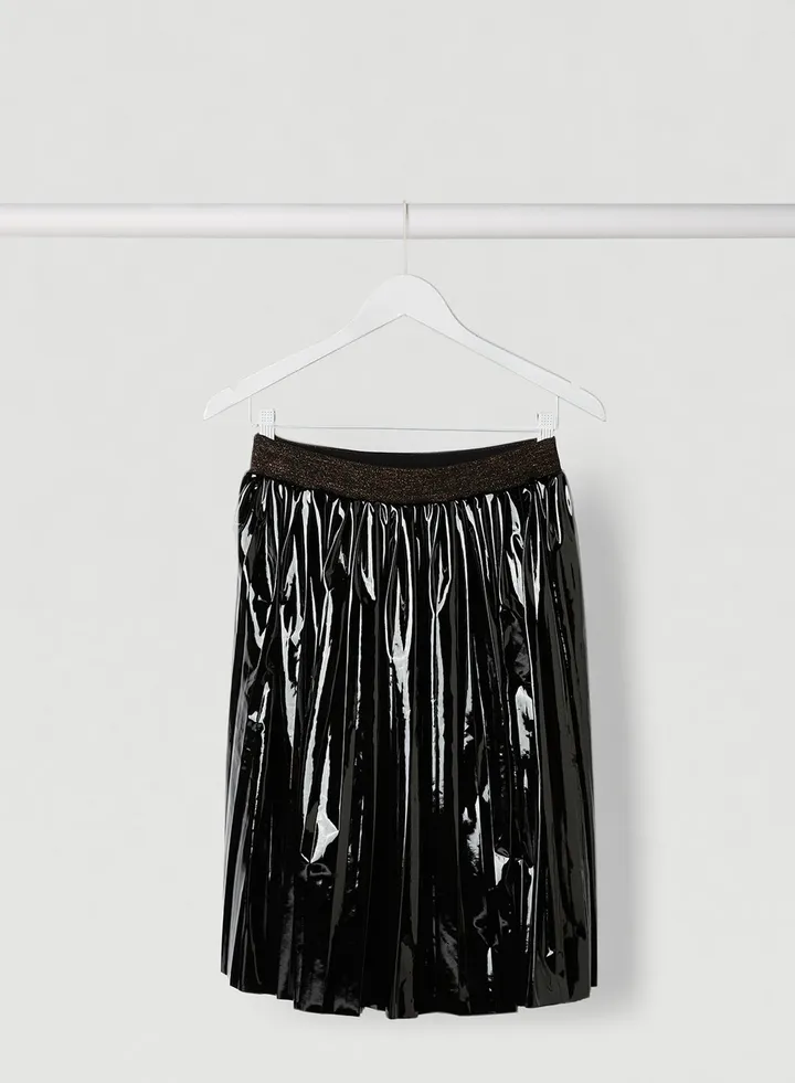 Pleated PU Midi Skirt Jet Black A996