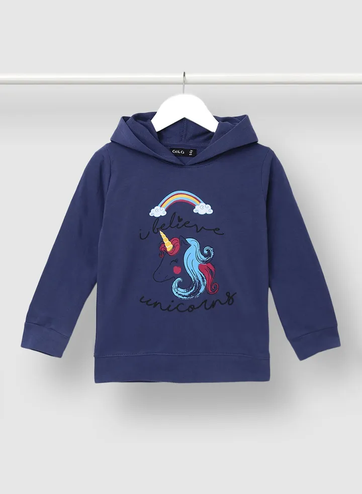 Girls Graphic Printed Long Sleeve Hoodie Dark Blue