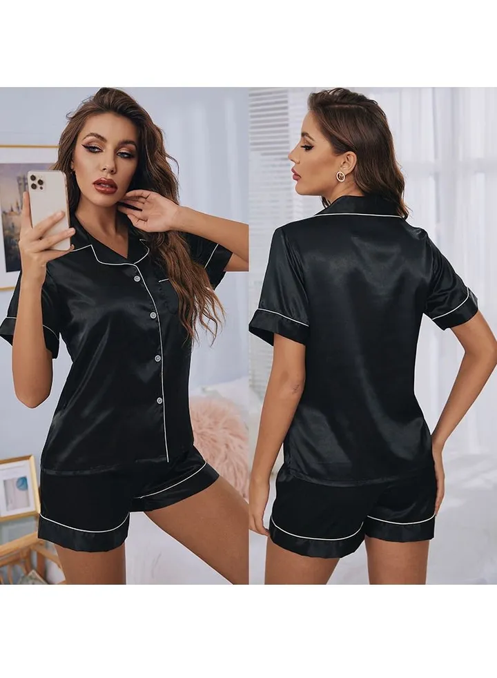 Women's Shirt Collar 2-Piece Set Nightgown Camisole Tops And Shorts Soft Lingerie Sleepwear Suit Black