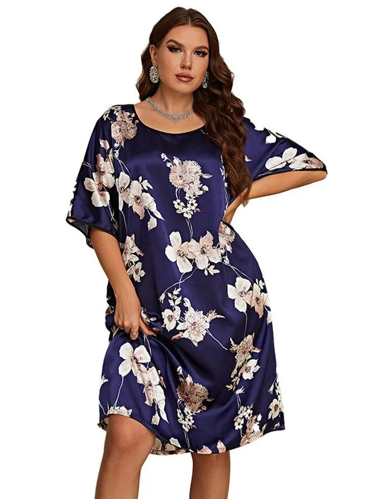 Women's Floral Printed Loose Nightgown Dress Round Neck Soft Loungewear Sleepwear Dress Navy Blue Mix