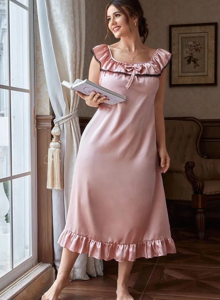 Women's Imitation Silk Ruffle Sleeveless Nightgown Soft Loungewear Homewear Pink