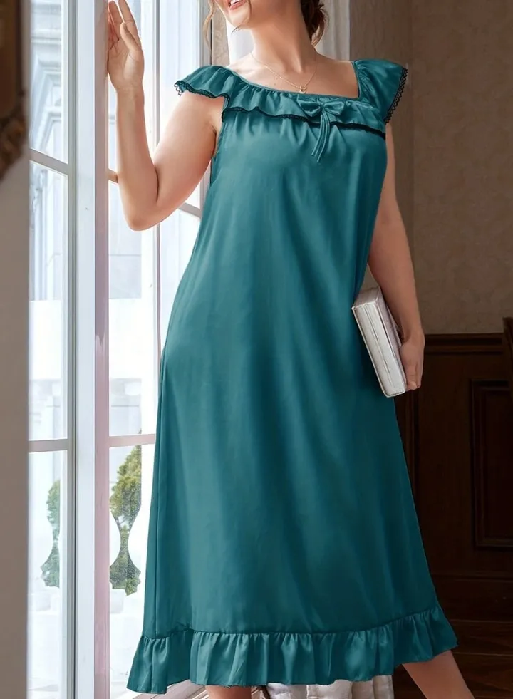 Women's Imitation Silk Ruffle Sleeveless Nightgown Soft Loungewear Homewear Dark Green