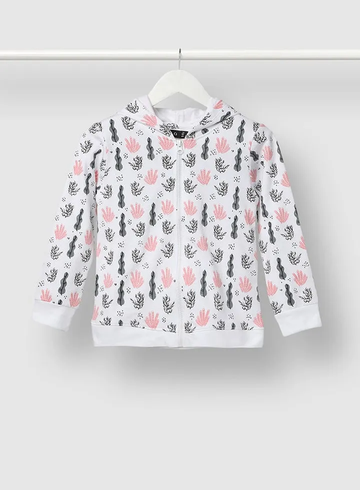 Casual Girls All Over Printed Zipper Hoodie Blue/White