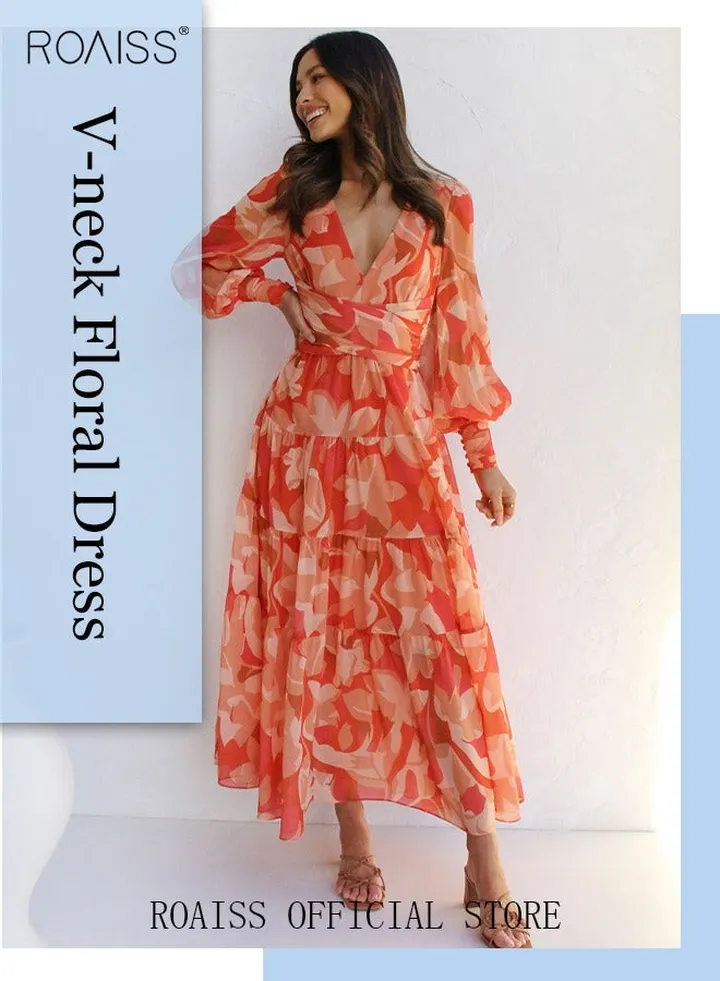 Ladies Dress A-Line Long Sleeves Big Hem Floral Pattern Print Bright Color Dress
