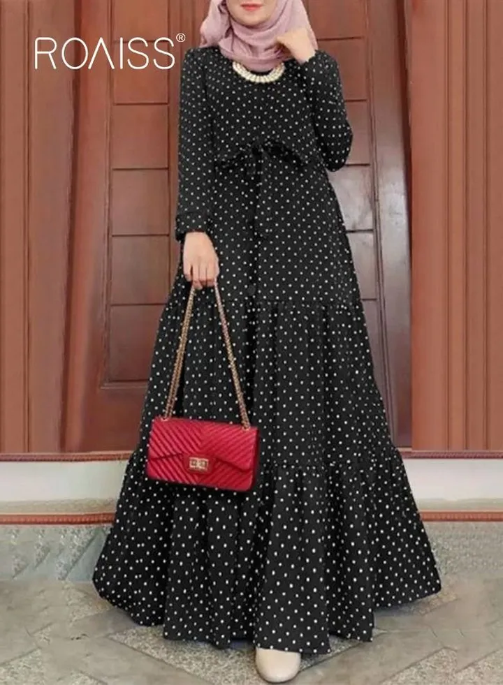 Women's Long Sleeve Vintage Polka Dot Robe Long Skirt Fashion Belt Large Hem Islamic Muslim Clothing