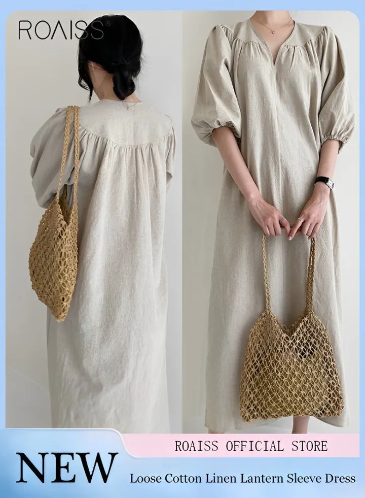 Women's Cotton And Linen Lantern Sleeved Casual Dress 1/2 Sleeve V-Neck Fashionable Loose Fitting Dress