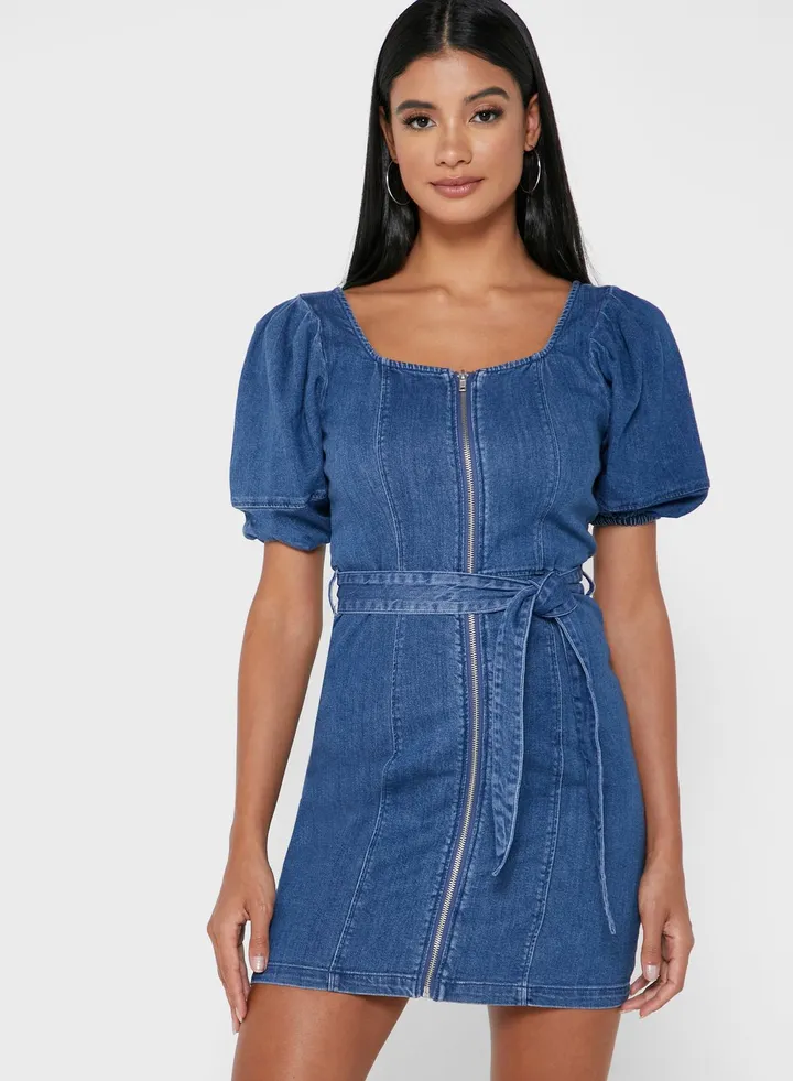 Puff Sleeve Zip Detail Dress