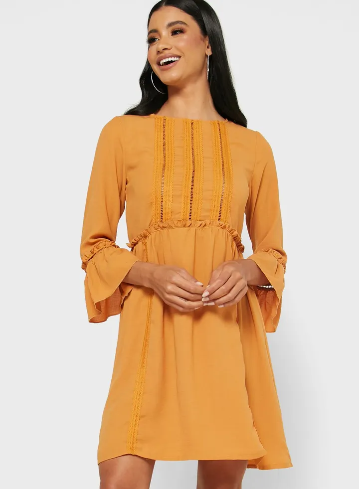 Ruffle Sleeve Lattice Mini Dress