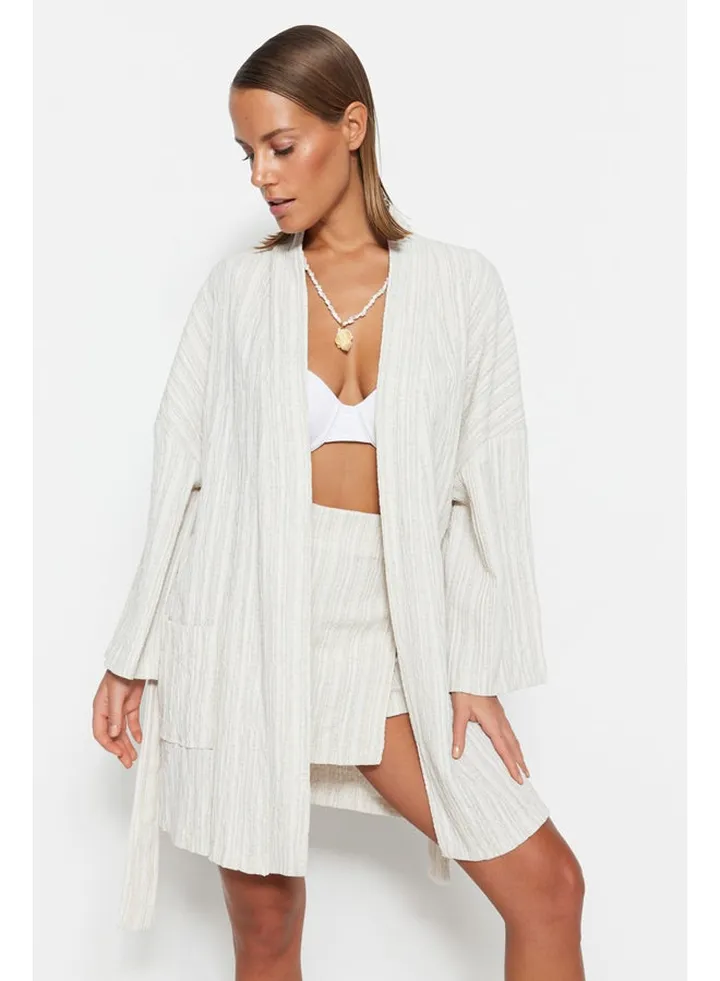 Ecru Belted Mini Woven Kimono&Kaftan
