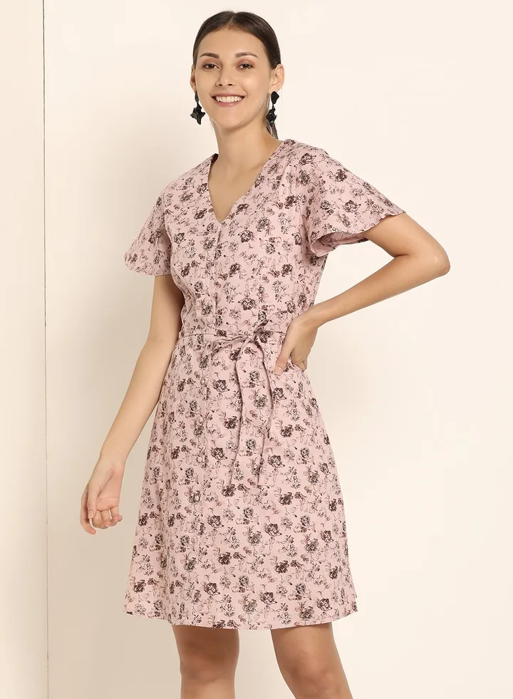 Printed V-Neck Skater Dress Pink/Black