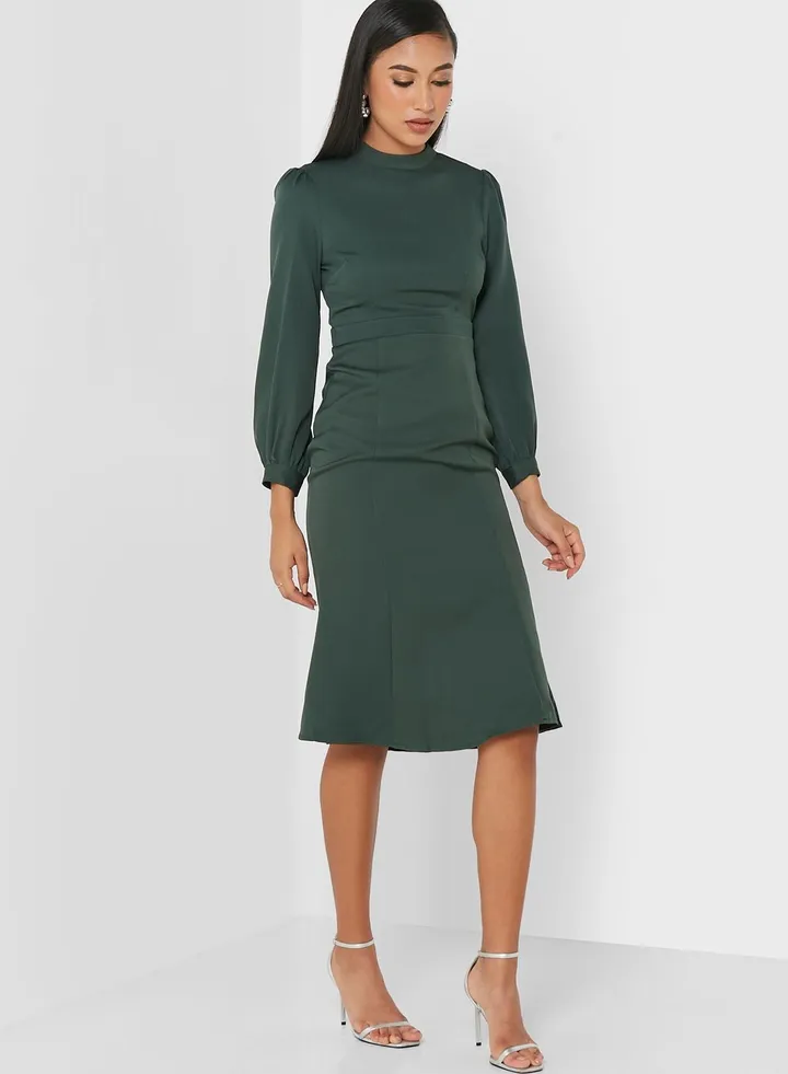 Puff Sleeve Waist Band Scuba Dress