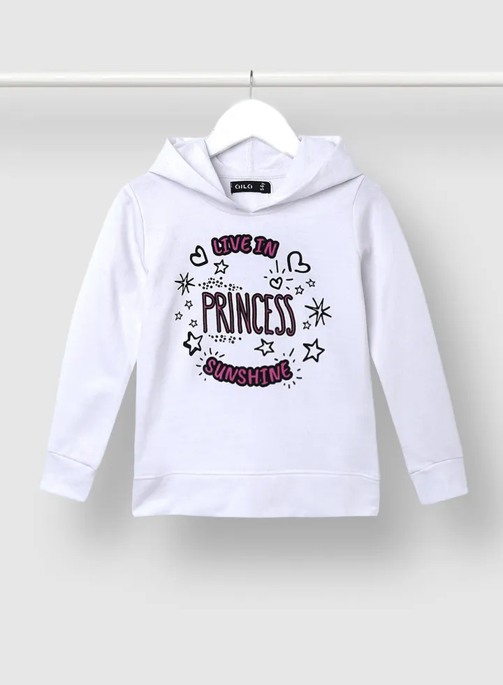 Girls Graphic Printed Cotton Hoodie White/Black