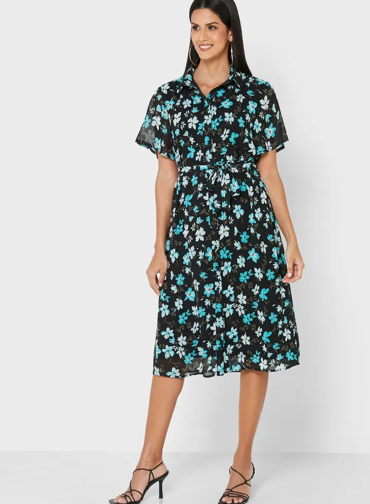 Printed Belted Shirt Dress