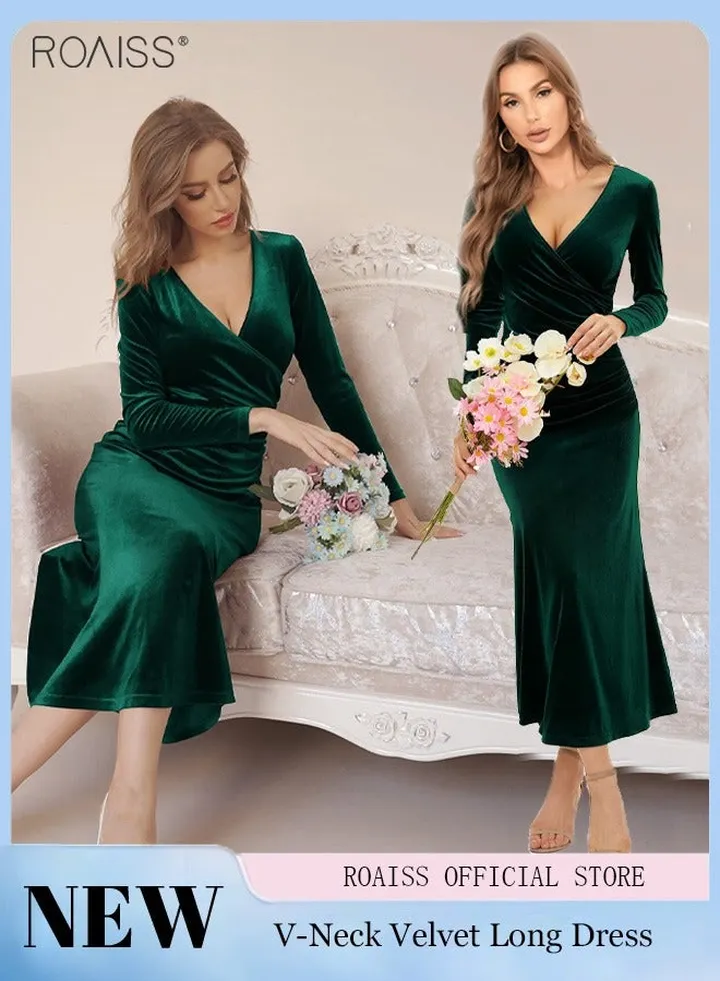 Women's V Neck Velvet Dress Elegant Elastic Skirt Dress Fashion Long Sleeve Fishtail Dress