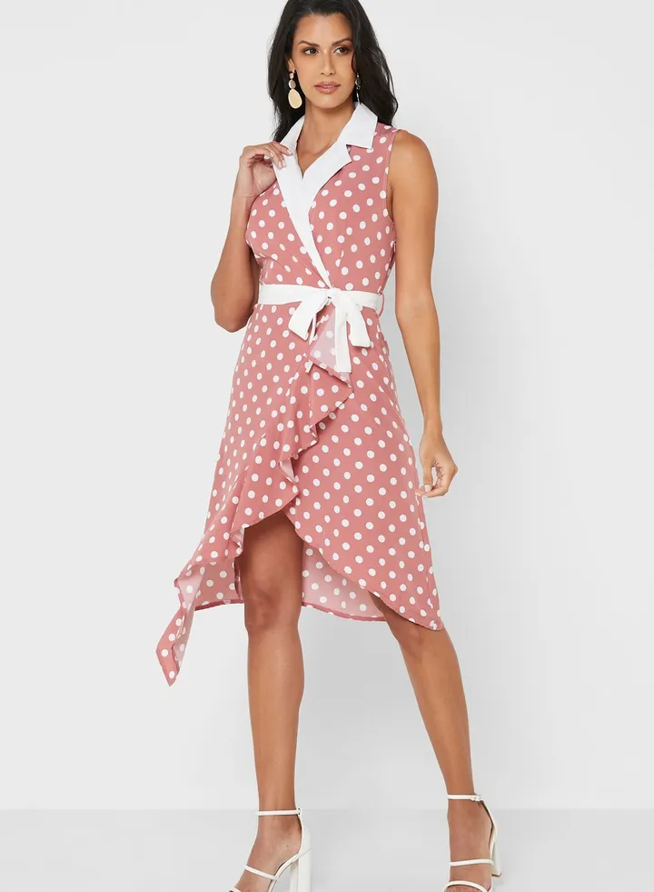 Polka Dot Wrap Belted Dress