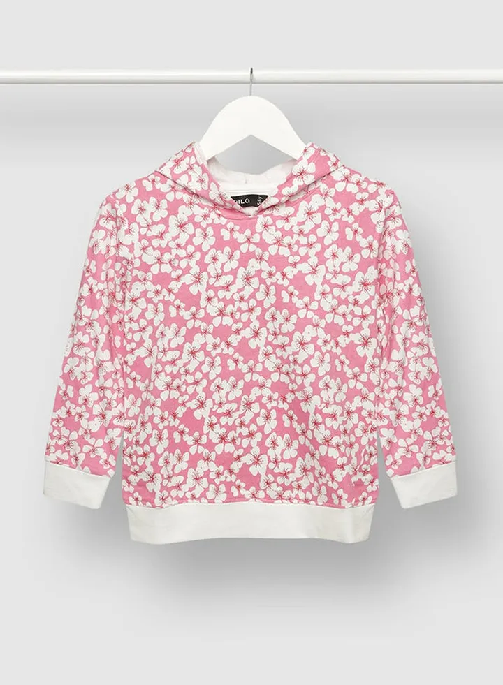 Girls All Over Printed Cotton Hoodie Pink/White