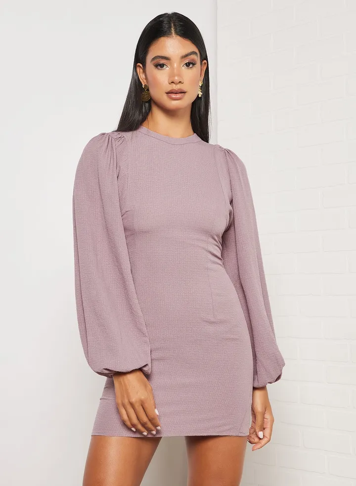 Puff Sleeve Solid Dress Purple