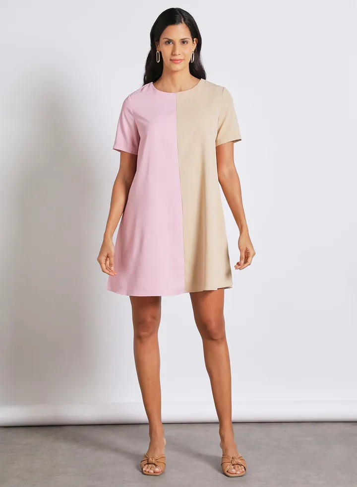 Women's Casual Short Sleeve Knee Length Colour Blocking Dress Pink/Brown