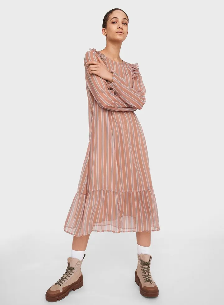Sheer Sleeve Ruffle Hem Dress