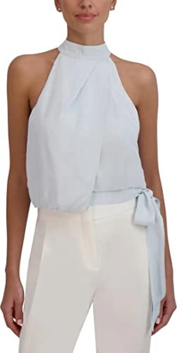 BCBGMAXAZRIA Women's Halter Neck Sleeveless Overdraped Side Tie Blouse