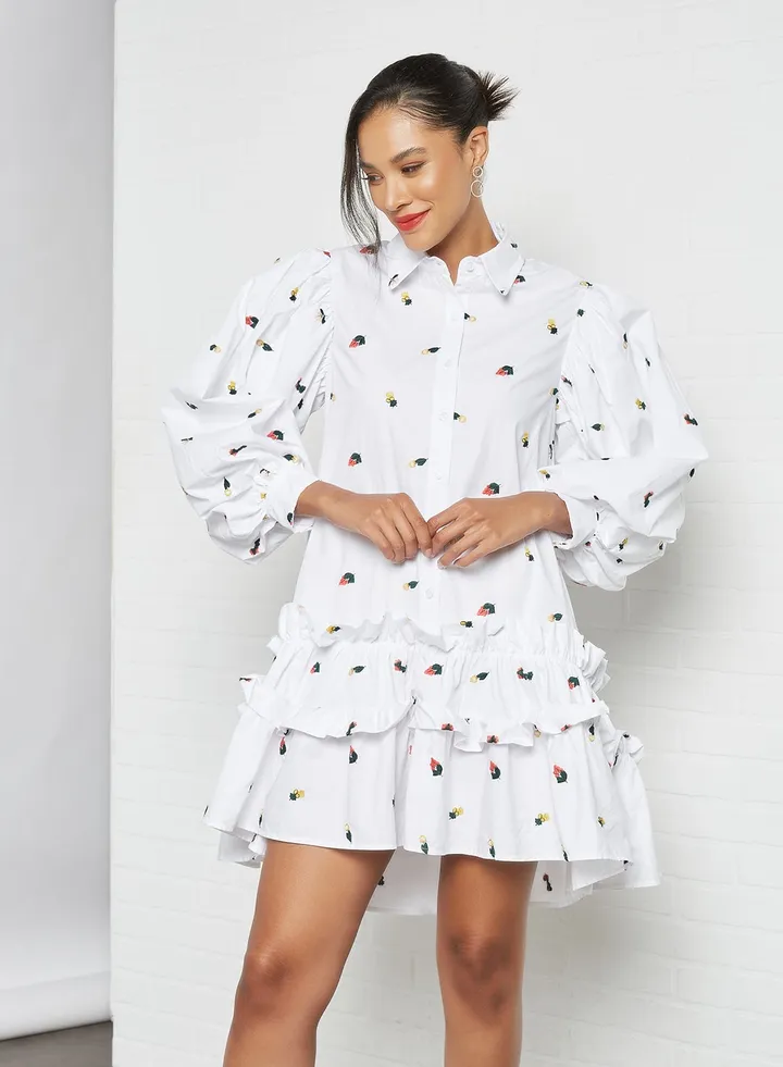 Embroidered Mini Dress White