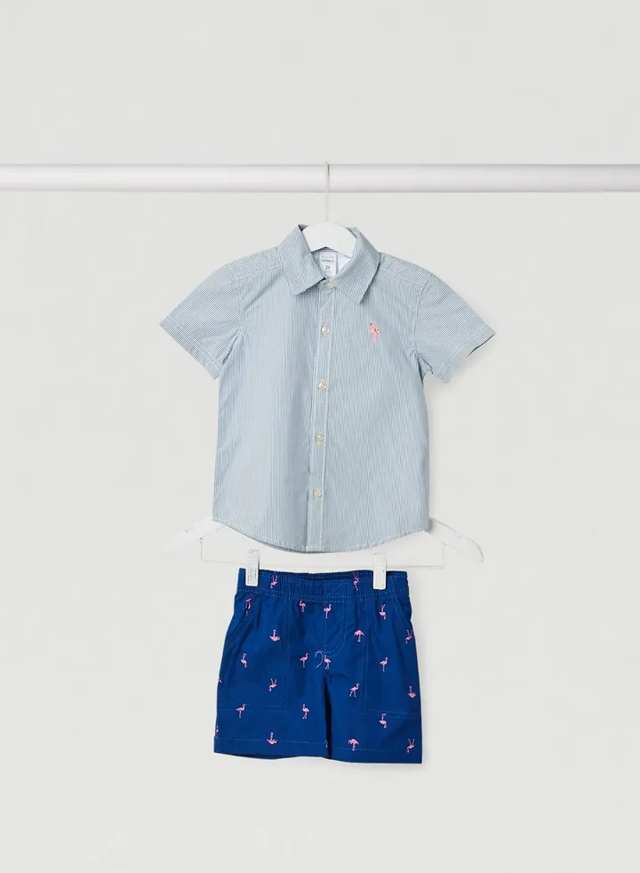 2 Pack Striped Button Front Shirt & Flamingo Shorts Set Multicolour