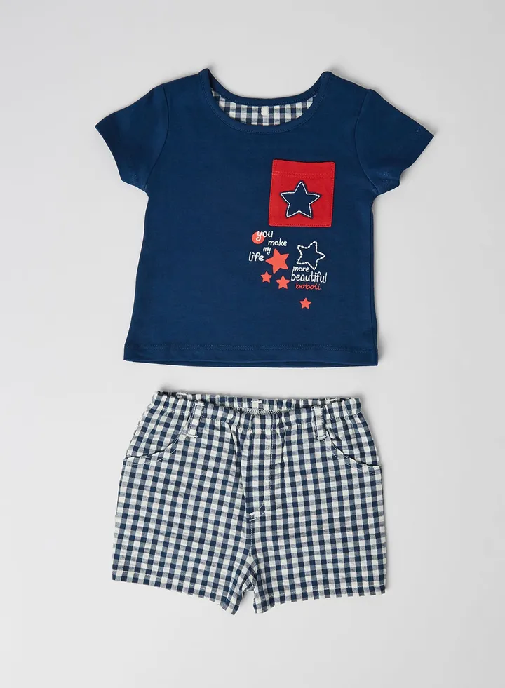 Baby T-Shirt and Checked Shorts Set indigo