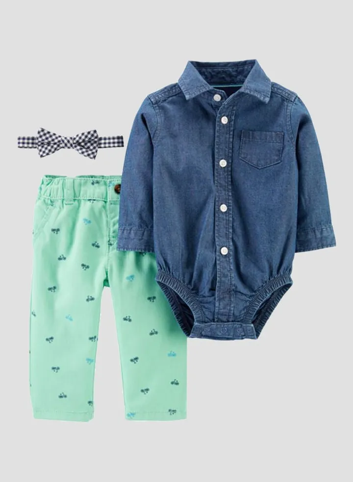 3 Piece Chambray Dress Me Up Set Blue/Mint