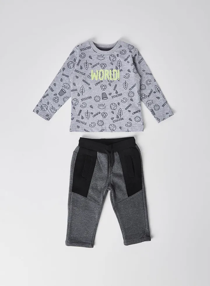 World Print Round Neck T-Shirt And Pant Set Grey/Black