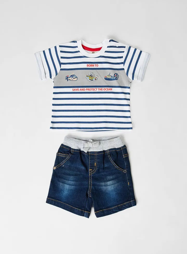 Baby Boat Print Top and Shorts Set Denim