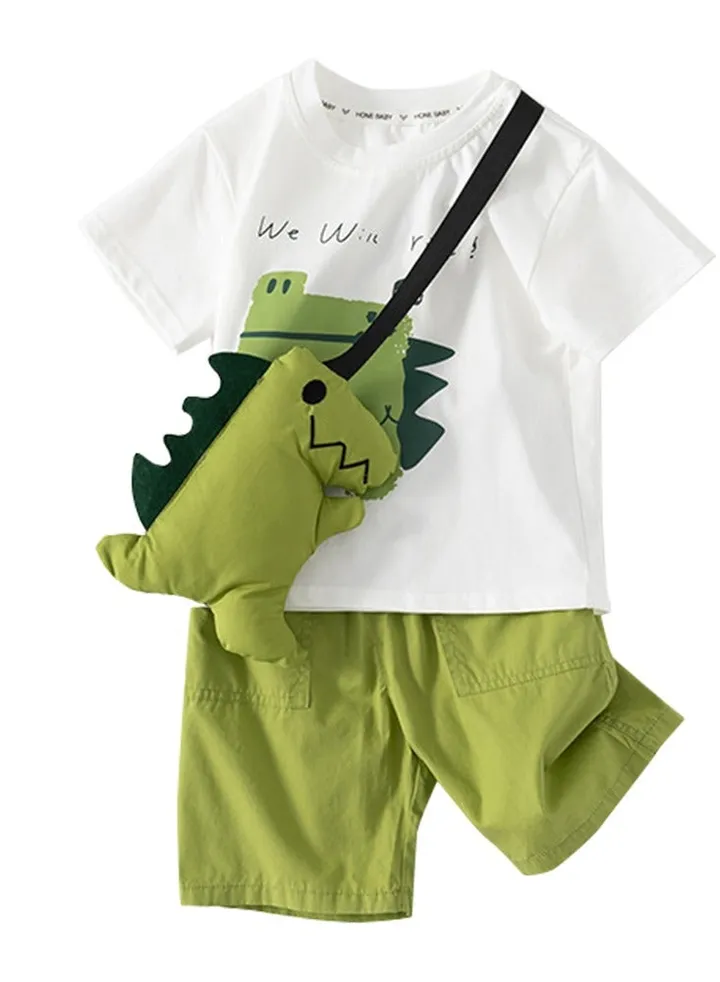 green Toddler Boy Shorts Set kids Summer Short Sleeve Sets Suit with Dinosaur bag