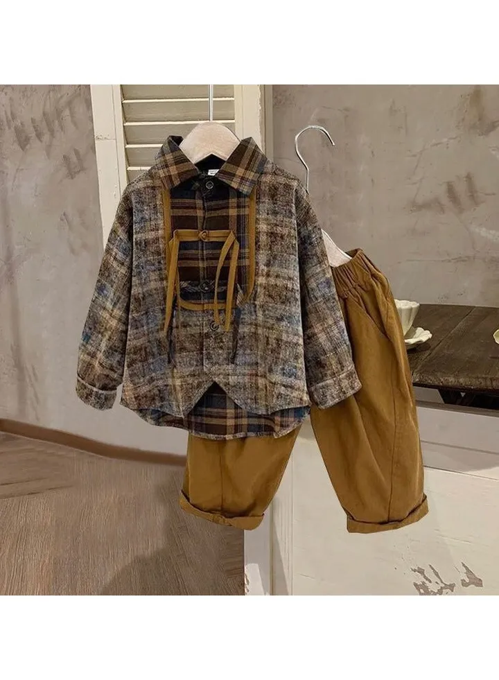 Boys' Long-Sleeved Plaid Lapel Shirt Suit