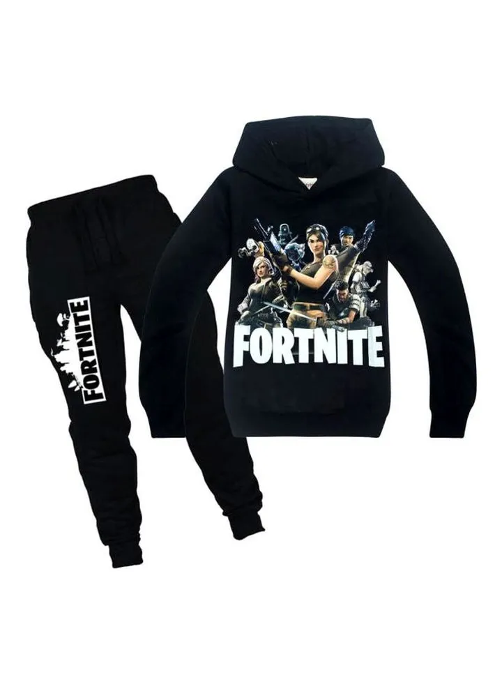 2-Piece Fortnite Printed Hooded Jacket And Pant Set Black/White