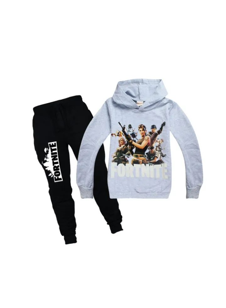 2-Piece Graphic Printed Hoodie And Pants Set Grey/Black