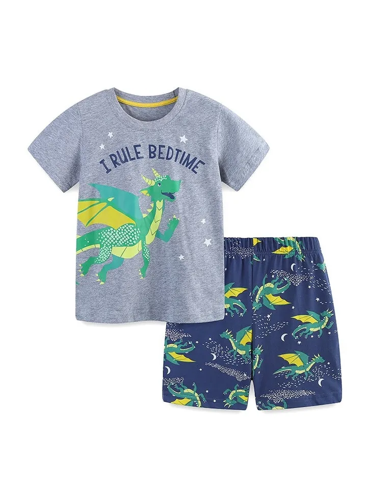 Dinosaur Printed T-Shirt And Two Piece Pants Set , Short Sleeve Suit For Boys