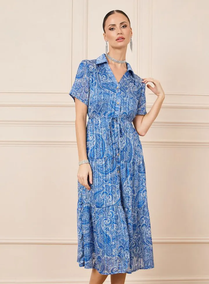Pleated Paisley Print Shirt Midi Dress