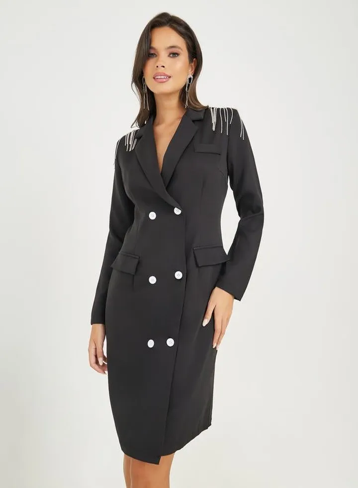 Faux Diamante Shoulder Detail Blazer Knee Length Dress