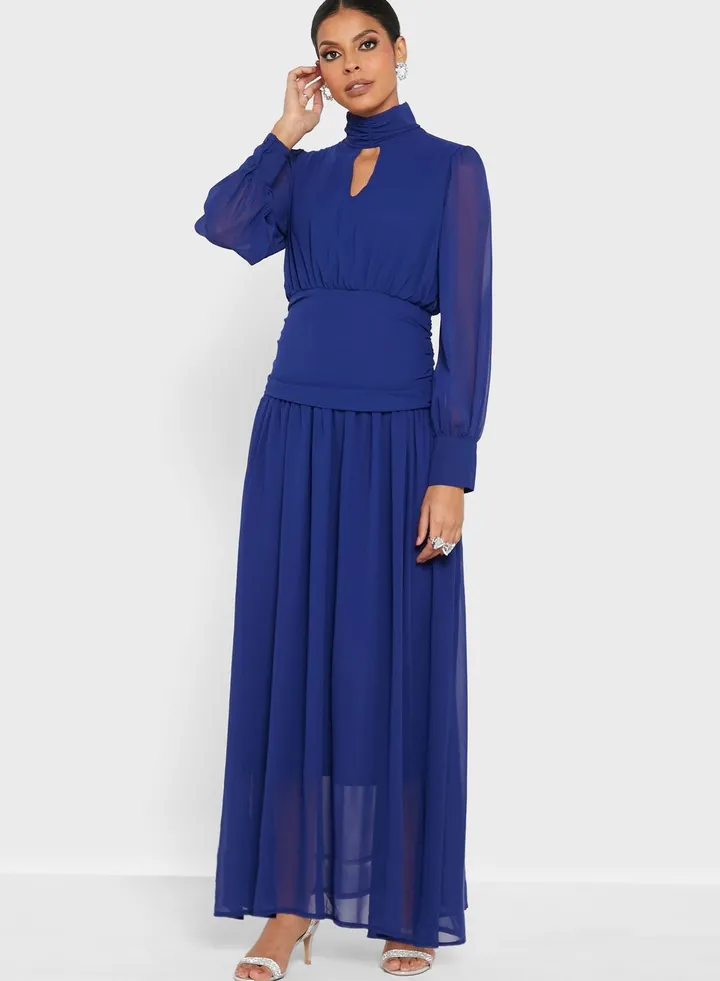Puff Sleeve Chiffon Dress Blue