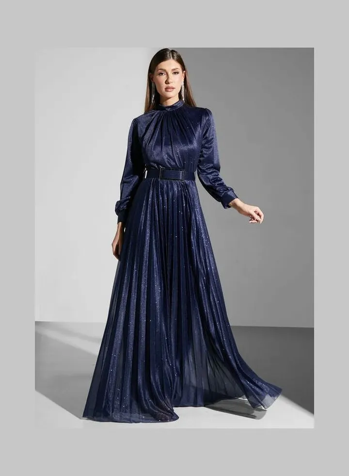 Waterfall Pleat Dress Blue